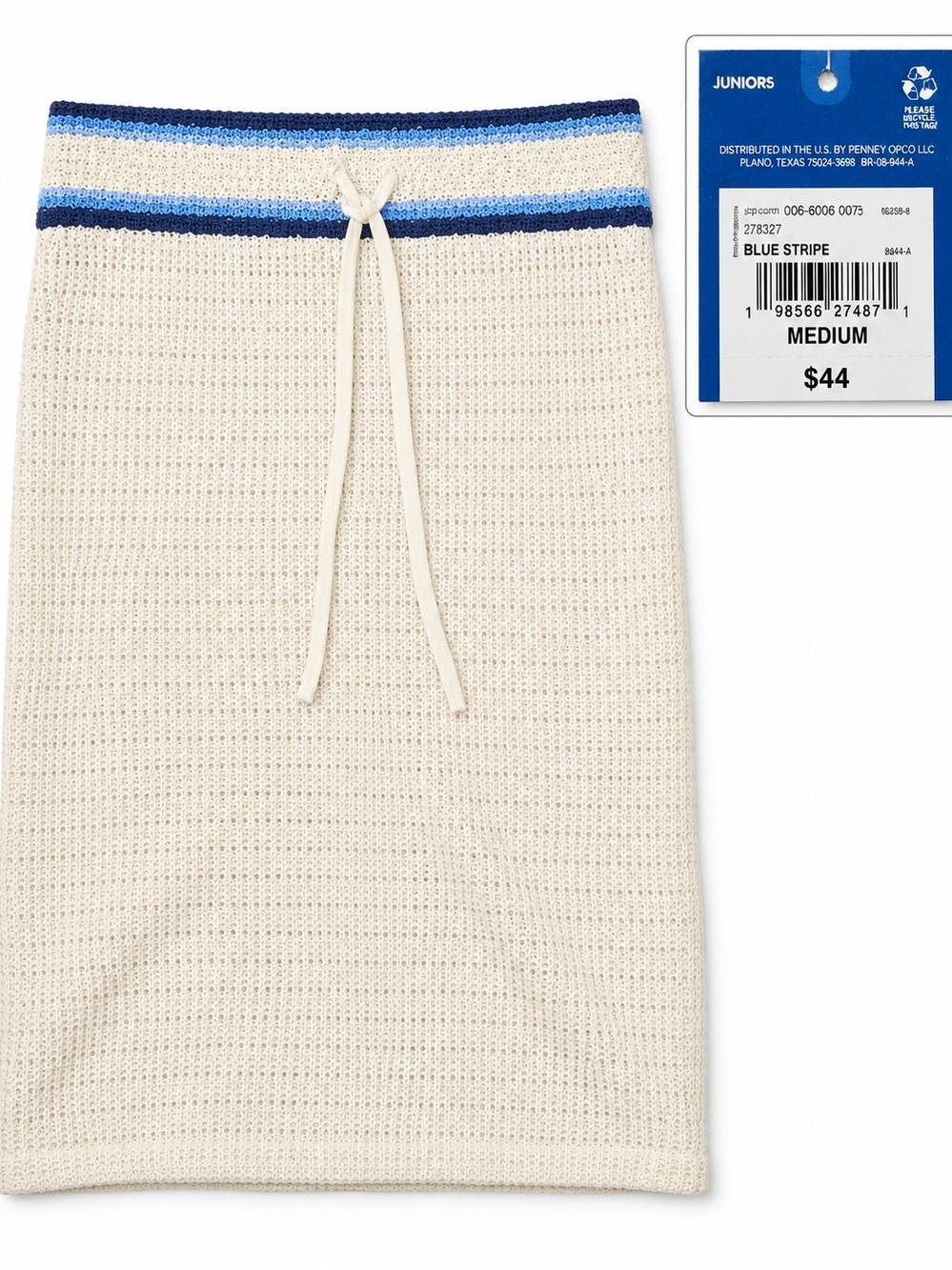 Cotton Knit Cream Skirt with Blue Stripe Waistband